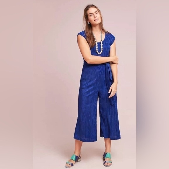 Anthro Maeve Pleated Sonata Jumpsuit Size 8 Blue - Picture 2 of 11